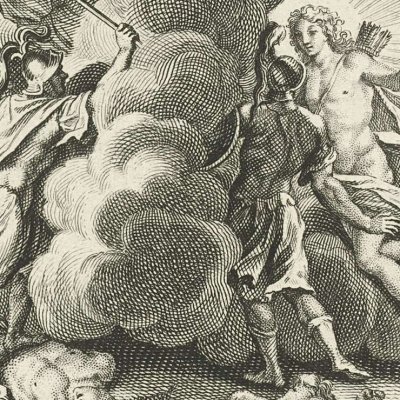 Achille se jette sur Hector, qu'Apollon couvre d'une nuée (Iliade, Dacier, 1711, ch20) - Picart
