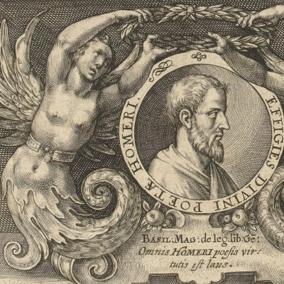 Homère couronné par deux sirènes (Speculum heroicum, 1613, Frontispice) - C. de Passe