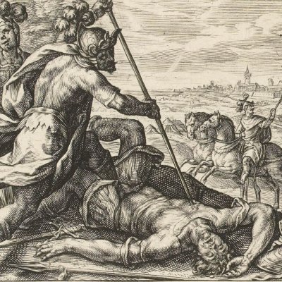 Ulysse et Diomède interrogent et tuent Dolon (Speculum heroicum, 1613, Iliade ch10) - C. de Passe