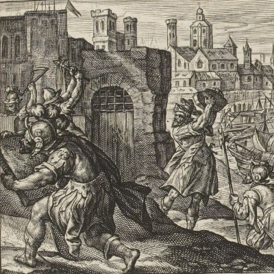 Hector avec une pierre enfonce la porte des Grecs (Speculum heroicum, 1613, Iliade ch12) - C. de Passe