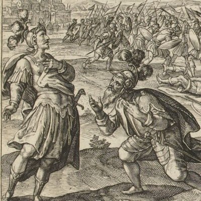 Mort de Patrocle. Antiloque informe Achille (Speculum heroicum, 1613, Iliade ch17) - C. de Passe