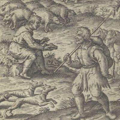 Ulysse déguisé en mendiant rencontre le procher Eumée (Odyssée, Boitel, 1619, ch14) - Gaultier