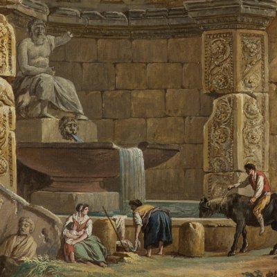 Caprice architectural à la fontaine antique animé de lavandières - Clérisseau