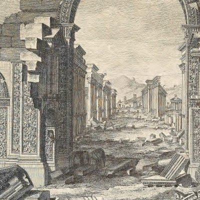Arc de triomphe de Palmyre, depuis l'Est (The Ruins of Palmyra, éd. R. Wood, 1753)