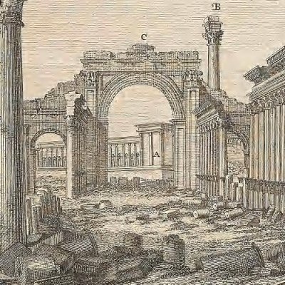 Arc de triomphe de Palmyre, depuis l'Ouest (The Ruins of Palmyra, éd. R. Wood, 1753)