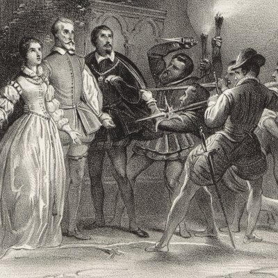 Les catholiques se saisissent de Raoul, Valentine et Marcel (Meyerbeer, Les Huguenots, Acte V) - Achille Devéria