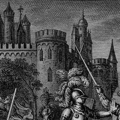 Lorédo en armure sépare Mainfredi et son fils Isidor (Le Fantôme vivant, 1801) - Bovinet d'après Binet