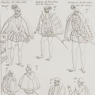 Costumes des gentilshommes de la cour de Charles IX (Malliot, Recherches sur les costumes…, t3 pl89)