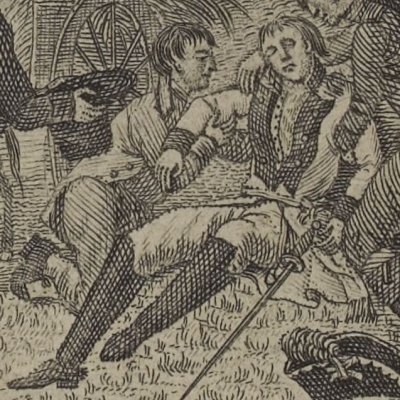 Le marquis de St Alban est découvert blessé (L'Émigré, t1, Fauche, 1797) - Salomon d'après Du Pré