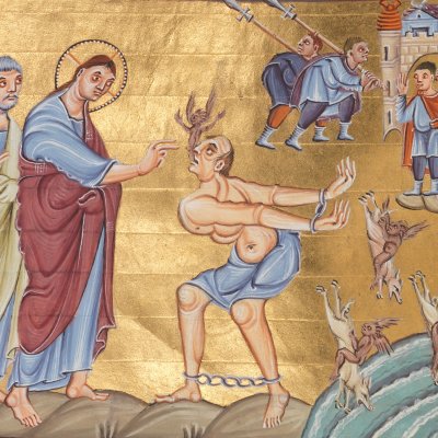 Tempête sur le lac de Tibériade. Le démoniaque gérasénien (Évangéliaire d'Othon III, BSB Clm 4453, F103v)