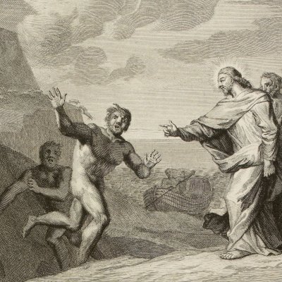 Jésus-Christ délivre deux possédés (Histoire du vieux et du nouveau testament, 1700, n°18) - De Blois d'après Elliger