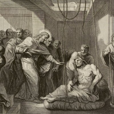 La paralytique guéri dans Capernaüm (Histoire du vieux et du nouveau testament, 1700, n°18) - De Blois d'après Elliger