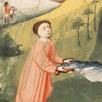 Tobie retire le fiel, le cœur et le foie de son poisson (Bible d’Utrecht, KB 78 D 39 I, F238r)