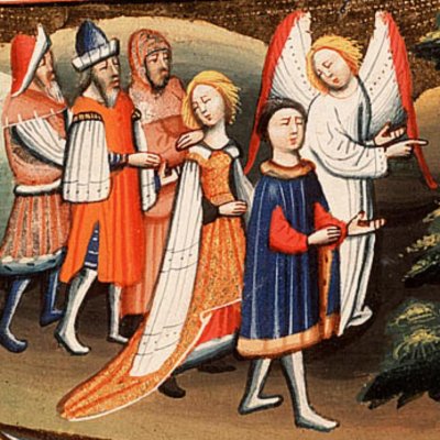 Retour de Tobie et de Sarra à Ninive (Bible d’Utrecht, KB 78 D 39 I, F239r)
