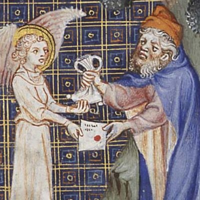 Raphaël récupère auprès de Gabaël l'argent de Tobit (Bible historiale de Petrus Comestor, F250r) - Jean Bondol