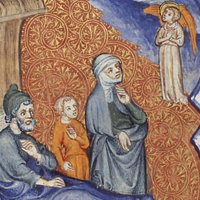 L'ange disparaît sous les yeux de Tobit, Sarra et Tobie (Bible historiale de Petrus Comestor, F251r) - Jean Bondol