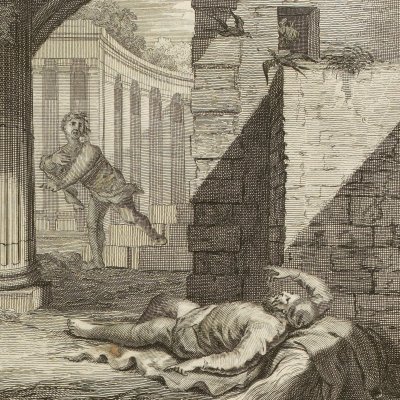 Le vieux Tobit perd la vue / Tobie prend un gros poisson (Histoire du vieux et du nouveau testament, 1700, n°129)