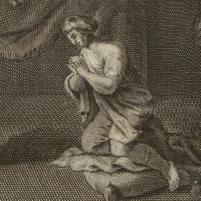 Tobie chasse le malin esprit / rend la vue à son père (Histoire du vieux et du nouveau testament, 1700, n°130)