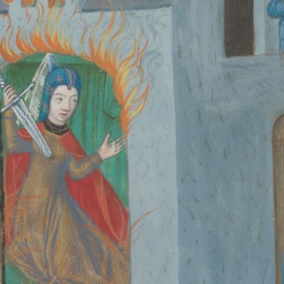 Départ d'Énée et suicide de Didon (Virgile, Énéide 4, Gand BHSL.HS.9020, f128v)