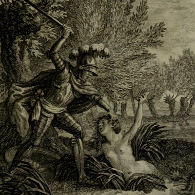 Roland décapite la sirène dans le jardin de Falerine (Lesage, Œuvres choisies, 1810, t8, Roland l'amoureux) - Marillier