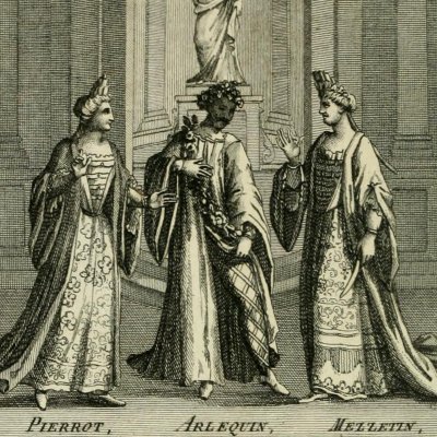 Arlequin entre Pierrot et Mezzetin (Lesage, Œuvres choisies, 1810, t13, Arlequin roi de Serendib) - Marillier