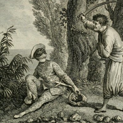 Un bandit détrousse Arlequin (Lesage, Œuvres choisies, 1810, t13, Arlequin roi de Serendib) - Marillier