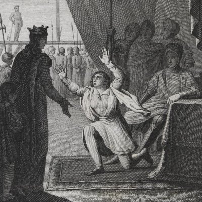 Mme de Granson aux genoux de la reine (Le Siège de Calais, Lepetit 1820)