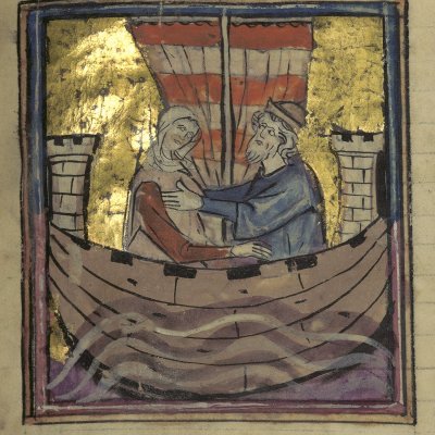 Deucalion et Pyrrha réchappent au déluge (Le romant des Fables Ovide le Grant, Ms-5069 réserve, F1r)