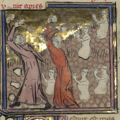 Deucalion et Pyrrha repeuplent la terre en jetant des pierres derrière eux (Le romant des Fables Ovide le Grant, Ms-5069 réserve, F1v)