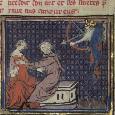 Cupidon vise les amoureux de son arc (Le romant des Fables Ovide le Grant, Ms-5069 réserve, F3v)