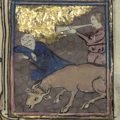 Mercure endort Argus et le tue (Le romant des Fables Ovide le Grant, Ms-5069 réserve, F7r)