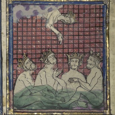 Junon se plaint de Jupiter devant Téthys et Océan (Le romant des Fables Ovide le Grant, Ms-5069 réserve, F16v)
