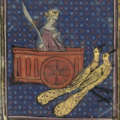 Junon sur son char aux paons d'or (Le romant des Fables Ovide le Grant, Ms-5069 réserve, F17r)