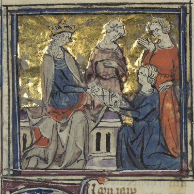 Minerve confie Erichtonios à trois jeunes filles (Le romant des Fables Ovide le Grant, Ms-5069 réserve, F19r)