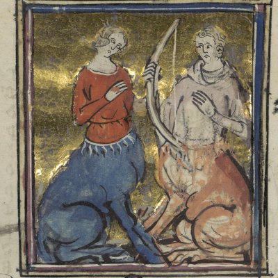 Ocyrhoé changée en jument devant son père Chiron (Le romant des Fables Ovide le Grant, Ms-5069 réserve, F20v)