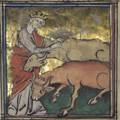 Mercure vole les génisses de Phébus (Le romant des Fables Ovide le Grant, Ms-5069 réserve, F21v)
