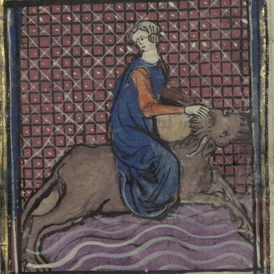 Jupiter sous la forme d'un taureau enlève Europe (Le romant des Fables Ovide le Grant, Ms-5069 réserve, F27r)