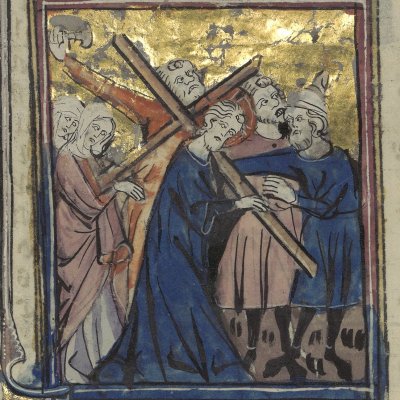 Jupiter comparé à Jésus montant au calvaire (Le romant des Fables Ovide le Grant, Ms-5069 réserve, F27v)
