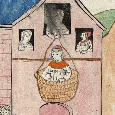 Virgile dans un panier. Palais des provinces romaines (La Fleur des histoires, Mazarine ms 1559, f286v)