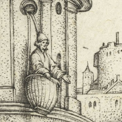 Virgile dans un panier (Histoire du magicien Virgile) - Georg Pencz