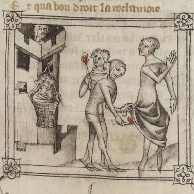Virgile au panier. Sa vengeance (G. de Machaut, Poésie, Fr 1584, f167r)