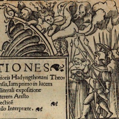Frontispice avec Virgile dans un panier et la vengeance de Virgile (Johannes Major, Quaestiones logicales, Jehan Petit, 1528)