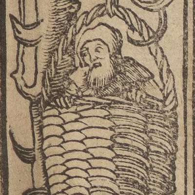Frontispice avec Virgile dans un panier et la vengeance de Virgile (Ravisius Textor, Epitheta, Paris, Chauldiere, 1524)