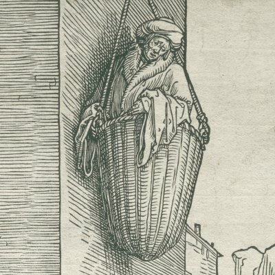 Virgile dans un panier (les ruses des femmes) - Lucas de Leyde