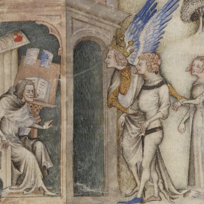 Amour amène au poète trois de ses enfants (Guillaume de Machaut, Poésies, Fr 1584, fDr)