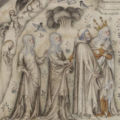 Nature amène au poète trois de ses enfants (Guillaume de Machaut, Poésies, Fr 1584, fEr)