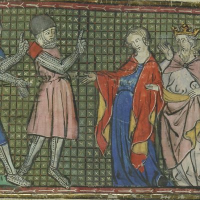 Médée et Aétès accueillent Jason et Hercule (Roman de Troie, Bnf Français 60, f47r)