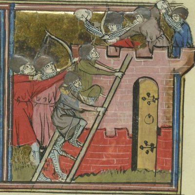 Les Grecs tuent Laomédon et prennent Troie (Roman de Troie, Bnf Français 60, f51r)