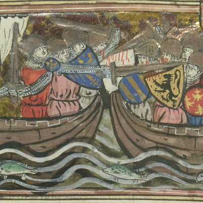 Bataille navale devant Troie (Roman de Troie, Bnf Français 60, f68v)