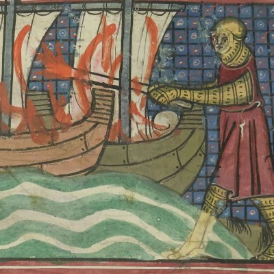 Nauplus met le feu aux vaisseaux grecs (Roman de Troie, Bnf Français 60, f136r)